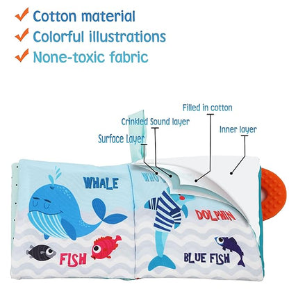 Baby Book Toy, Soft Cloth Crinkle Books for Babies with Teether, Infant Toys 0-3-6-12-18 Months, Shower Baby Gifts, Teething Toy for Boys Girls- Fish, Shark-1PCs
