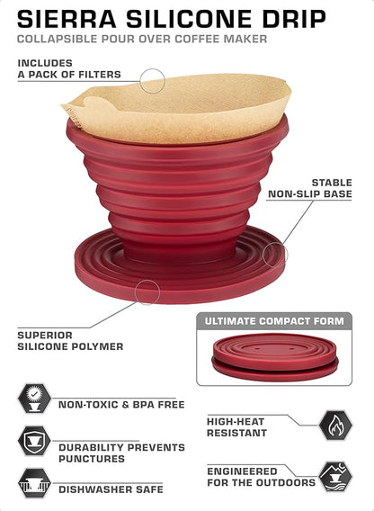 COLETTI Sierra Camping Pour Over Coffee Dripper - Collapsible Pour Over Coffee Dripper - Includes Pack of Paper Filters [Red, Pack of 2]
