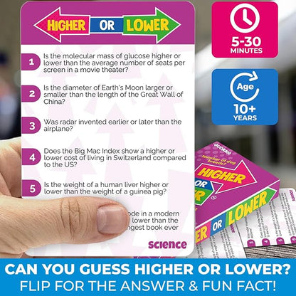 QUOKKA Trivia Board Games for Kids and Adults - Version V2.0 - Family Night Science Games 4xSet Higher or Lower Trivia Cards | Guess Fun Questions | 2 + Players - Challenge Your Science Knowledge