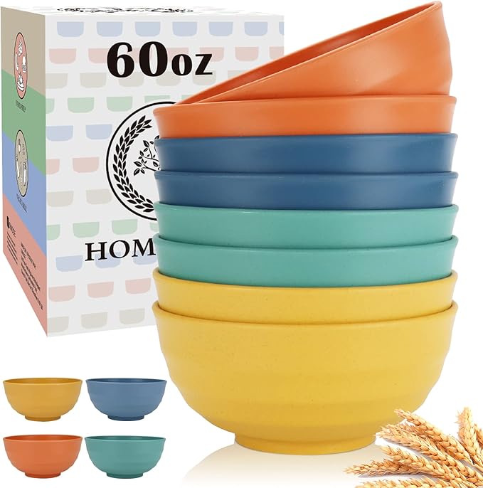 Homienly Large Bowls, 60 Oz Salad Bowls, Large Cereal Bowls, 8PCS Unbreakable Wheat Straw Serving Bowls for Pho, Popcorn, Soup & Oatmeal, Microwave & Dishwasher Safe for Kitchen, Camping (Multi)