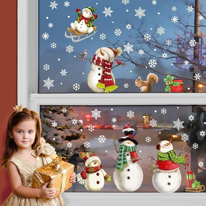 Christmas Snowflake Stickers，Snowman Decals，Window Stickers for Windows Glass，Winter Window Cling，Christmas Decorations Holiday,Christmas Window Clings (Snowman)