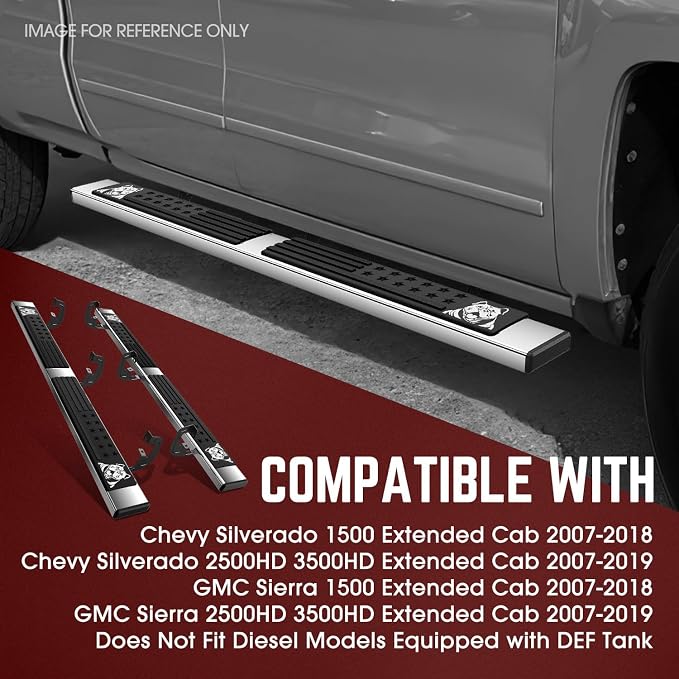 DNA Motoring 6 Inch Running Boards Compatible with 07-18 Chevy Silverado/GMC Sierra 1500 07-19 2500HD 3500HD Extended Cab, Stainless Steel Side Steps Nerf Rails Bars, Bulldog Textured, STEPB-DS-0005