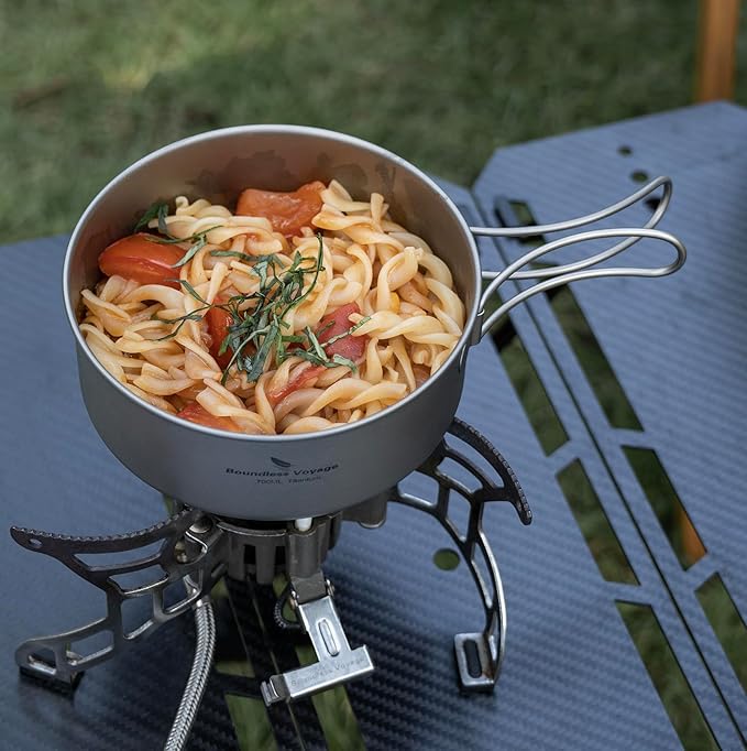 Boundless Voyage Titanium Pots Pans Set Camping Cookware 500ml 600ml 700ml Bowls Outdoor Portable Lightweight Stackable Cooking Kit with Folding Handle 3 Pieces Set Tableware for 1-3 Person Ti2032C