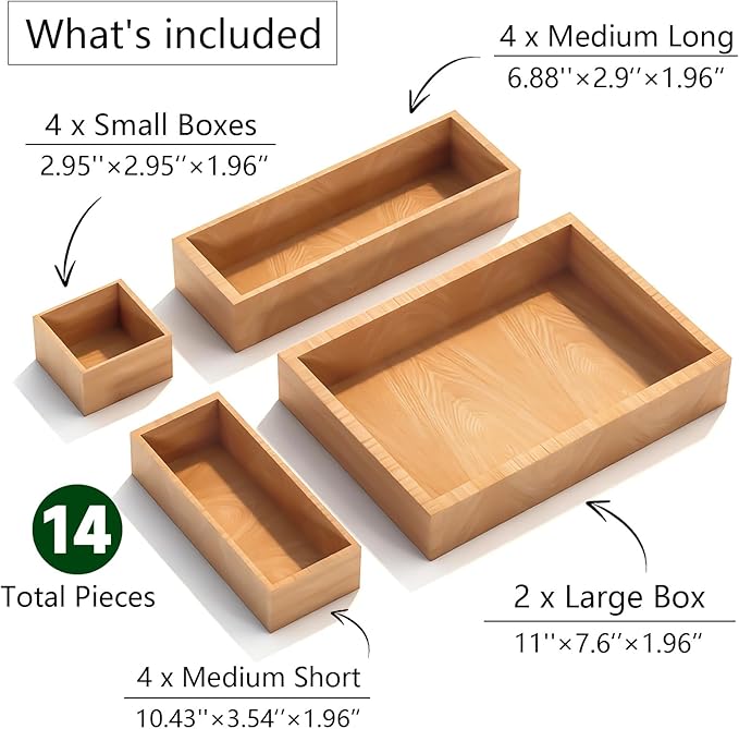 Bamboo Drawer Organizer 14 Pcs for Kitchen Multi-purpose Storage Dividers for
