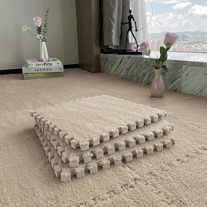 16pcs 0.6" Thickened Interlocking Tile Mats,Fluffy Shaggy Soft EVA Foam Area Rug for Living Room & Bedroom,Non-Slip Protective Floor Carpet Play Mat Kids Baby Dorm Home Decor (11.8ft, Khaki)