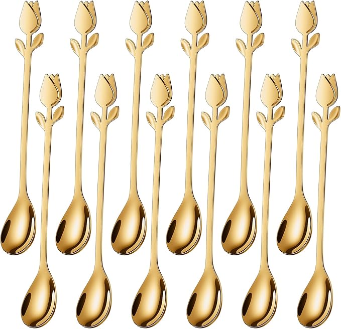 Gold Tulip/Rose Handle 12-Pcs Mini Coffee Spoons Set