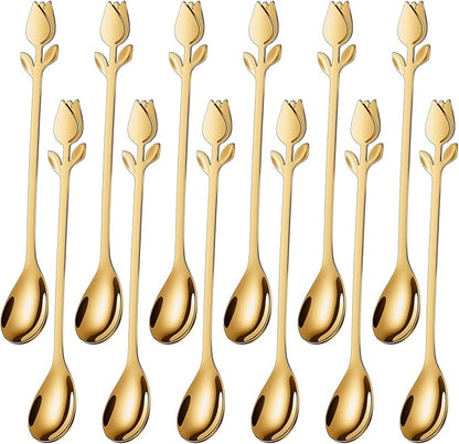 Gold Tulip/Rose Handle 12-Pcs Mini Coffee Spoons Set