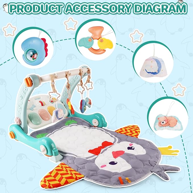 deAO Baby Play Mat Gym Tummy Time Mat Infant Play Center and Baby Activity Mat Baby Learning Walker Detachable Play Piano and Rattles, Baby Gifts for Babies 0-12+ Months, Penguin