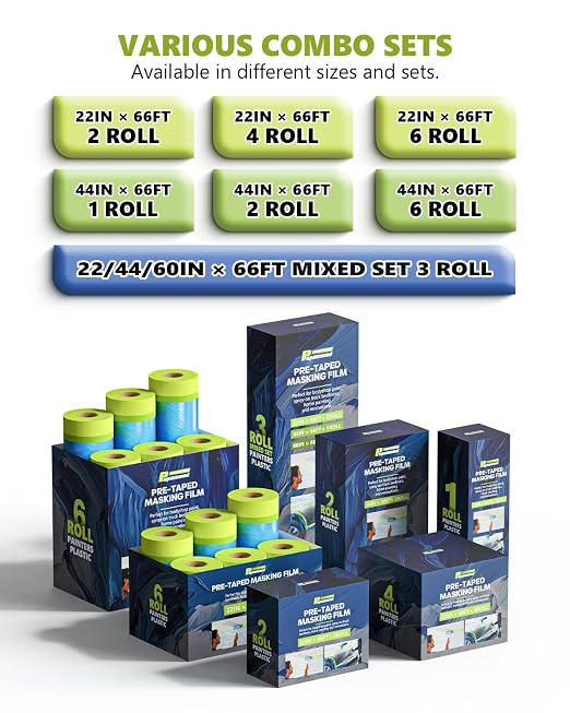 Pre-Taped Masking Film for Painting(6 Rolls) - 22" x 66'Painters Plastic Sheeting with Tape and Drape, Painters Drop Cloth for Automotive & Home, Cover for Walls/Floors/Windows/Cars Protection