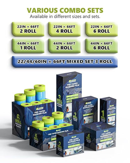 Pre-Taped Masking Film for Painting(6 Rolls) - 22" x 66'Painters Plastic Sheeting with Tape and Drape, Painters Drop Cloth for Automotive & Home, Cover for Walls/Floors/Windows/Cars Protection