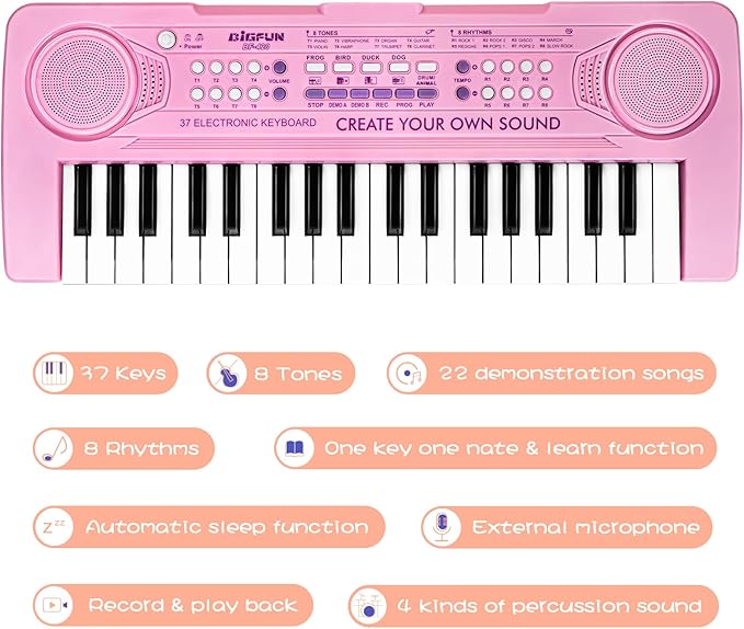 Raimy 37 Keys Keyboard Piano for Kids, Portable Keyboard Piano Early Learning Educational Electronic Musical Instrument Toys Gifts for 3 4 5 6 7 8 9 Year Old Boys and Girls (Pink)