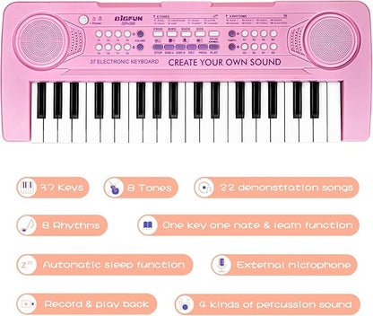 Raimy 37 Keys Keyboard Piano for Kids, Portable Keyboard Piano Early Learning Educational Electronic Musical Instrument Toys Gifts for 3 4 5 6 7 8 9 Year Old Boys and Girls (Pink)