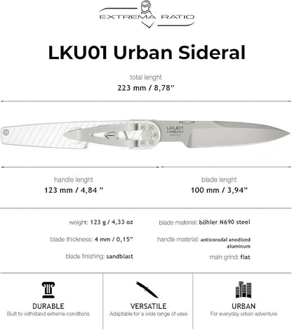 Extrema Ratio - LKU01 (Sideral), Folding Knife, Böhler N690 Steel Blade 58 HRC, Sandblast Finish, Smooth Aluminum Handle, Ergonomic Design, Durable Folding Knife, Italian Craftsmanship