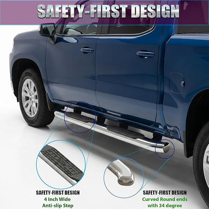 4 Inch Curved Running Boards Stainless Steel Nerf Bars Side Steps Compatible with 2005-2023 Toyota Tacoma Crew Cab, No-Cut, No Drilling, Bolt on Installation