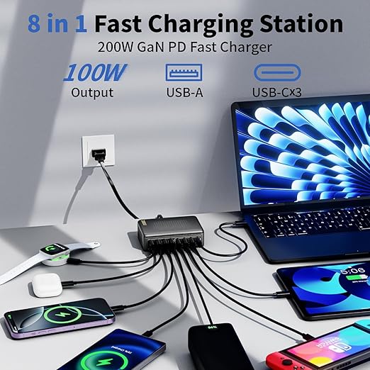 USB C Charger Block, 200W GaN 8 Port USBC Charging Station USB Hub Block Cube