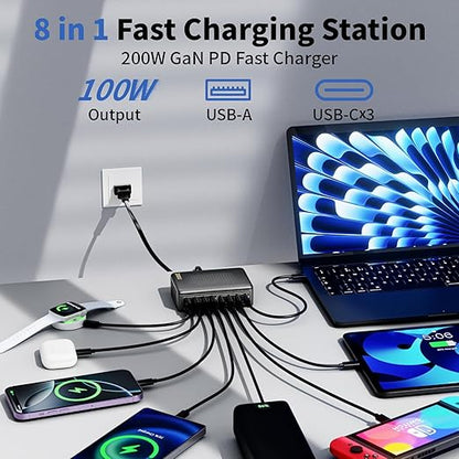 USB C Charger Block, 200W GaN 8 Port USBC Charging Station USB Hub Block Cube