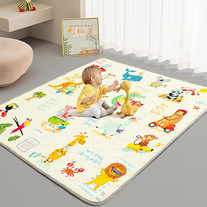 Baby Play Mat - Thicken 71x59 Inch Soft Foam Crawling Mat for Playpen & Floor, Non-Slip Waterproof Playmats for Infants & Toddlers, Portable Foldable & Machine Washable, Beach Animals