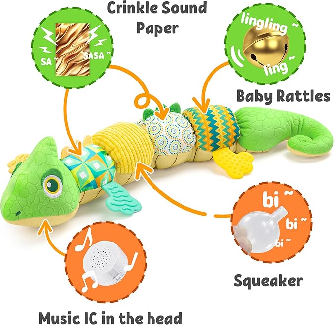 LIGHTDESIRE Baby Toys Musical Dinosaur,Infant Stuffed Animal Toys with Crinkle and Rattles,Soft Sensory Toys with Textures for Tummy Time Newborn Boys Girls 0 3 6 12 Months(Green)