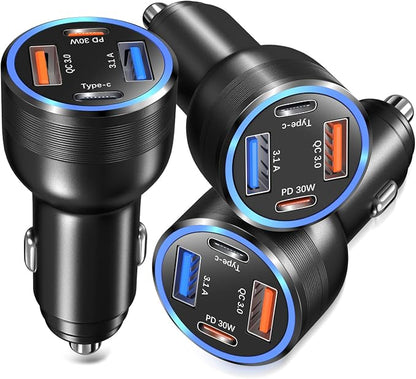 USB C Car Charger 3 Pack, Bangfun 4-Port 65W Dual 12V USB-C & USB A Car Charger Power Adapter QC+PD 3.0 Fast Charging Cigarette Lighter Plug for iPhone 16/15/14/13/11 Pro,Samsung S24,Android(Black)