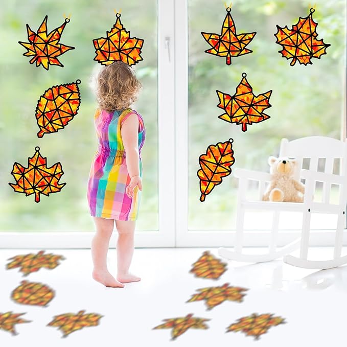 32 Sets Fall Maple Leaf Suncatchers Craft Kit DIY Window Stained Glass Effect Autumn Maple Leaf Paper Crafts Home School Classroom Decoration Kid Birthday Gift Creative Art Project Activity Game