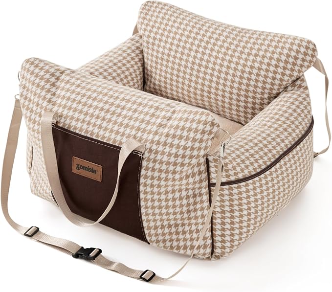 ZOMISIA Dog Car Seat for Small Dogs - Waterproof Pet Booster Seat for Car with Clip-On Safety Leash, Soft Travel Carrier for Puppy up to 25 lbs, Memory Foam Filling & 2 Adjustable Buckles Houndstooth