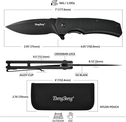 Praxis Pocket Knife, 2.9" D2 Steel Folding Knife with G10 Handle PVD Titanium Coating Blade Lightweight for every day carry.