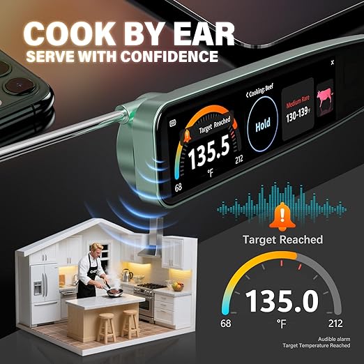 0.5s Instant Read Smart Meat Thermometer Digital, 3.8″ HD Touchscreen with Temp-OS, Professional Kitchen Food Thermometer for Cooking, Grill, BBQ | ±0.5°F, −58–572°F, IP68, USB-C Rechargeable