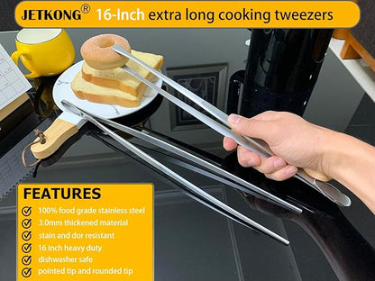 JETKONG 2 Pcs 16-Inch Food Tweezers Extra Long Kitchen Tweezer Tong Chopsticks Tongs Large Stainless Steel Cooking Tweezers (Round-Tips)