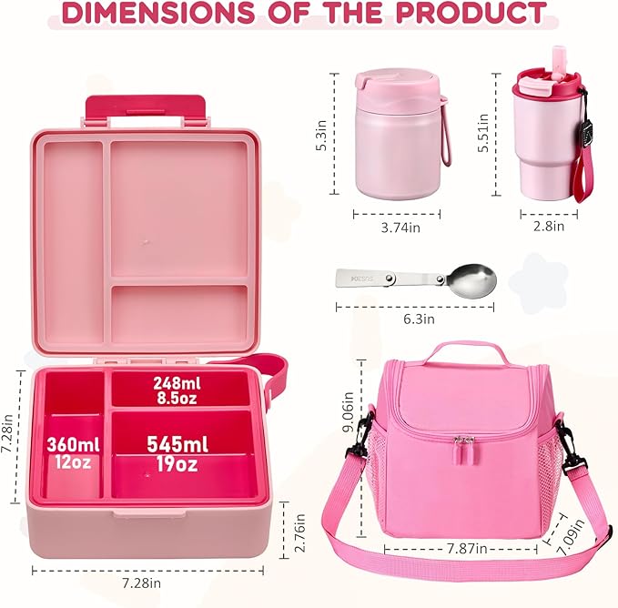 Lunch Box Set with Bento Box Container, 17OZ Stainless Steel Food Soup Thermo, Kids Water Bottle & Portable Insulated Lunch Bag – Leakproof, Hot/Cold Retention for School, Travel(Pink)