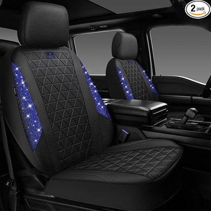 CAR PASS Oxford Bling Diamond Car Seat Covers 2 Front Interior Sets, Waterproof Shining Glitter Sparkly Crystal Universal Armrest Fit 95% Automotive Truck SUV Cute Women Girl, Black Blue Rhinestone