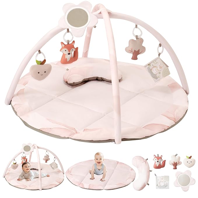 Fortella Baby Play Gym & Activity Mat, Tummy Time Mat w 5 Detachable Toys and Pillow, Large Sensory Playmat for Floor, Newborn Infant Baby Essentials Shower Gift 0-3-6-9-12 Months (Rose Pink)