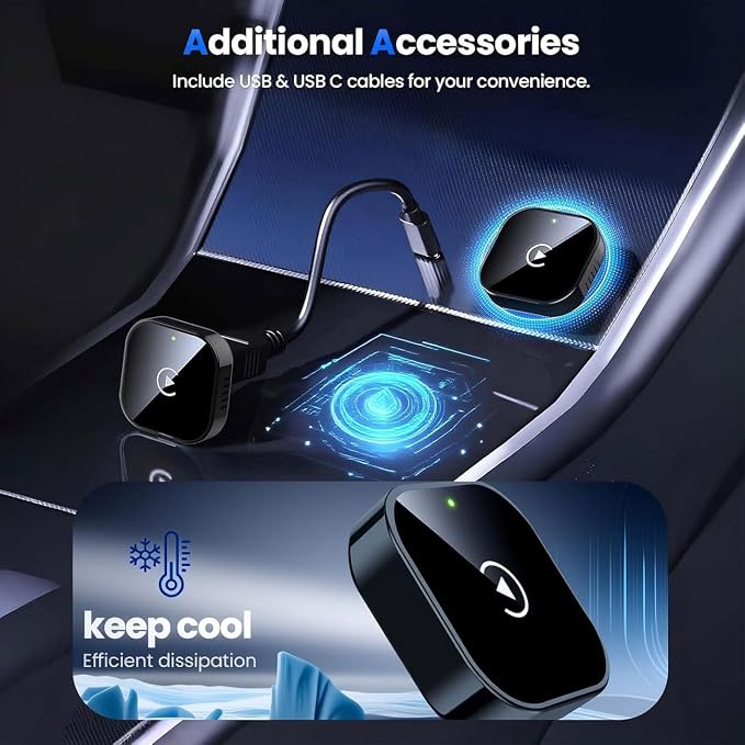 2 in 1 CarPlay Adapter for Opel Astra Corsa Insignia, CarPlay Wireless Adapter with Auto Reconnect Fast Pairing Bluetooth Connection Compact USB Dongle,B/Black-Side Heat Dissipation