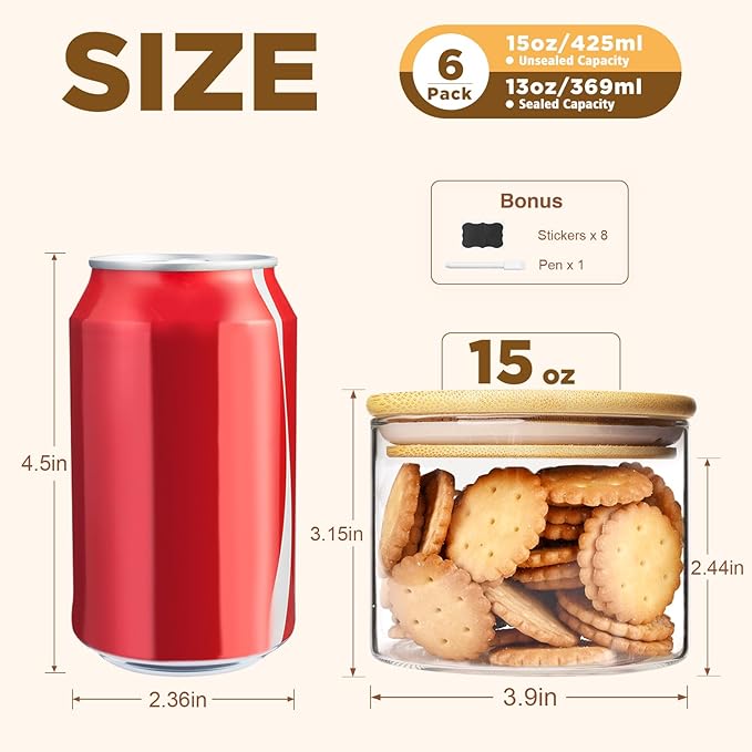 15oz Glass Food Storage Jars, Glass Jars with Bamboo Lids, Kitchen Storage Jars, Set of 6, Canisters with Airtight Lids for Spice, Coffee, Cookie, Pantry Organizers