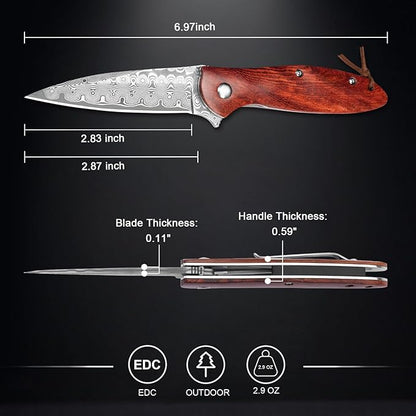 Damascus Pocket Knife with Sheath, 2.87" Damascus Steel Blade Knife with Wood Handle, EDC Folding Knife for Camping Fishing Hiking, Gifts for Men Women