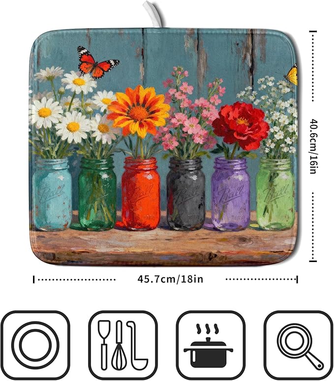 Small Dish Drying Mat for Kitchen Counter 16x18, Spring Summer Floral