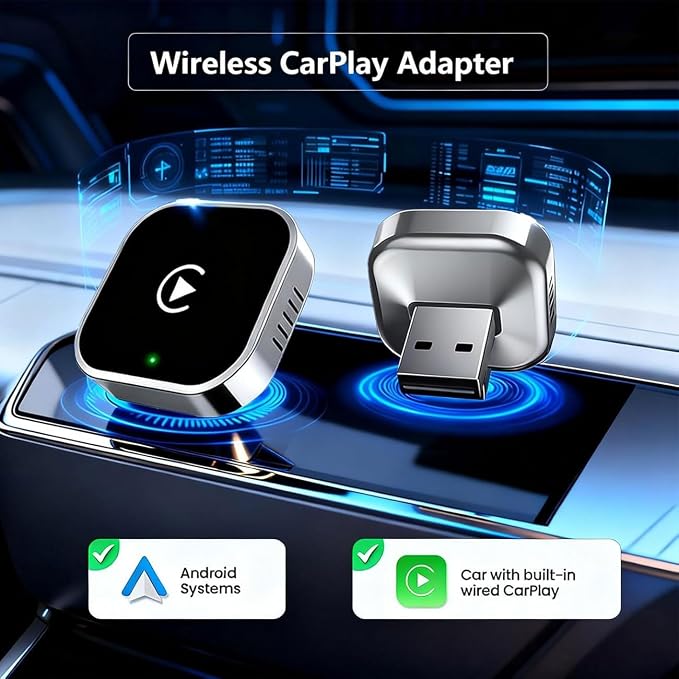 2 in 1 CarPlay Adapter for Rivian R1T R1S, CarPlay Wireless Adapter with Auto Reconnect Fast Pairing Bluetooth Connection Compact USB Dongle,A/Silver-Side Heat Dissipation