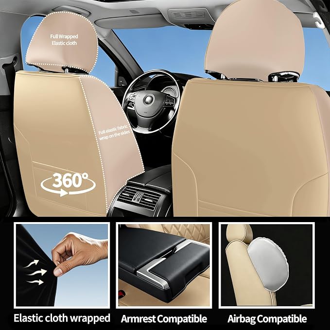 Fit Santa Fe Car Seat Covers for Hyundai Santa Fe 2009-2025 2026 - Luxury Leather, Anti-Slip, All-Weather, Waterproof & Breathable, Airbag Compatible, 2 Front Seats Only (Beige)