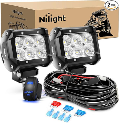 Nilight 4 Inch LED Light Pods 2PCS 18W Flood Fog Light Bar with 12V 5Pin Rocker Switch TE Connector Wiring Harness Kit-2 Leads for 4x4 offroad Pickup Truck ATV UTV SUV Golf Cart Boat