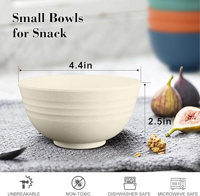 Wrova wheat straw dessert bowls 10oz set of 8 - Unbreakable snack Bowls for kids - Mini Bowls for Ice Cream,Snack and Fruits - Microwave & Dishwasher Safe Appetizer Bowl Sets - Beige
