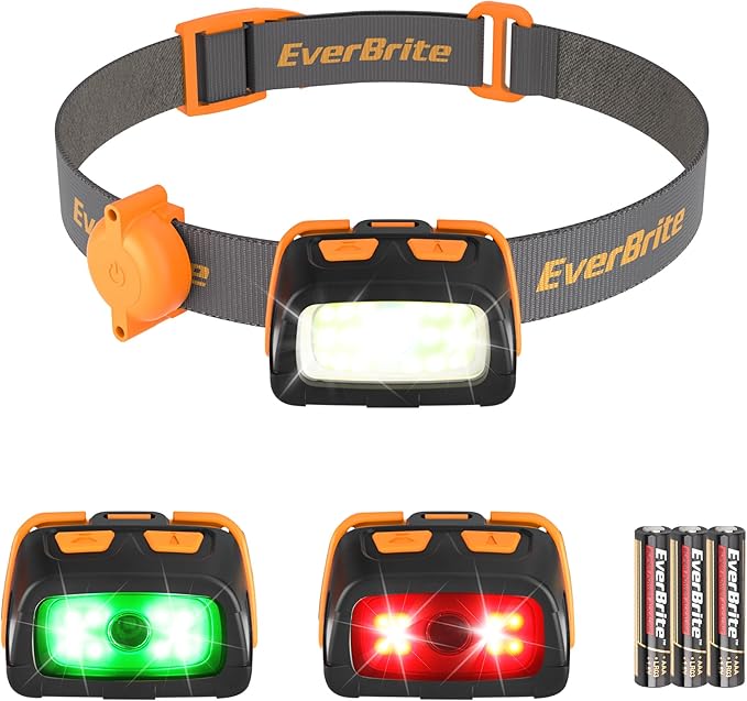 EverBrite 300 Lumens Headlamp with Red/Green/White Light Modes, Tail Light, Adjustable Headband - For Trail Running, Camping, Hiking