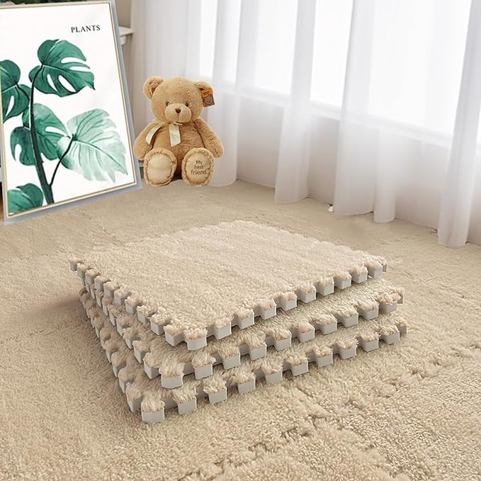 16pcs 0.6" Thickened Interlocking Tile Mats,Fluffy Shaggy Soft EVA Foam Area Rug for Living Room & Bedroom,Non-Slip Protective Floor Carpet Play Mat Kids Baby Dorm Home Decor (11.8ft, Khaki)