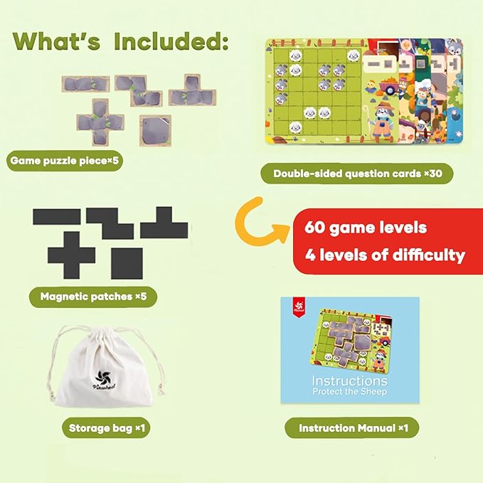 Protect the Sheep Logic puzzle Game-Engaging STEM Toys for Kids 3-12|60 sets of question card challenges|Brain Teaser puzzles kids Game|Enhances Reasoning & Planning Skills|Travel Game & Birthday Gift