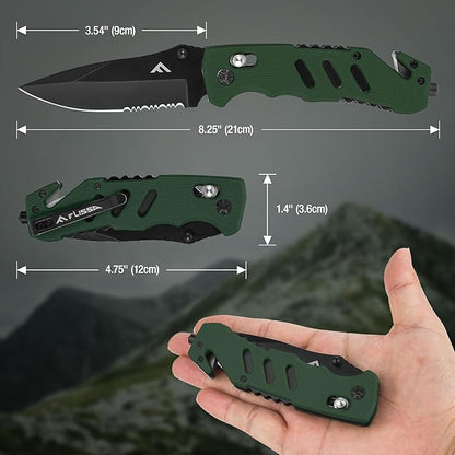 FLISSA Folding Pocket Knife with Clip, Glass Breaker and Seatbelt Cutter, Survival Knife for Emergency Rescue Situations, EDC Knife for Tactical, Hunting, Camping, Outdoor, Unique Gifts for Dad, Father-Green