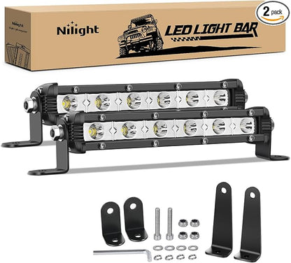 Nilight Single Row LED Light Bar Ultra-Slim Spot Pods 2PCS 7 Inch 18W Fog Light Driving Work Roof Bumper Lighting for Offroad 4x4 Trucks Polaris RZR SUV ATV UTV