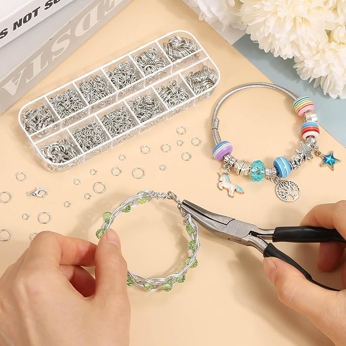Anezus 1200PCS Jump Rings for Jewelry Making Kit, Jump Rings and Necklace Clasps with Jump Ring Pliers Tools for Jewelry Making Supplies and Necklace Repair (Silver)