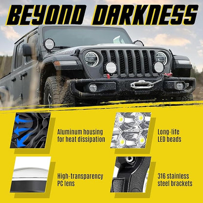7 Inch Round LED Off Road Lights with Wiring Harness, 201W 12000lm LED Light Pods Truck Tractor LED Work Lights, Offroad Auxiliary Driving Fog Light Snowmobile Golf Cart ATV UTV RV