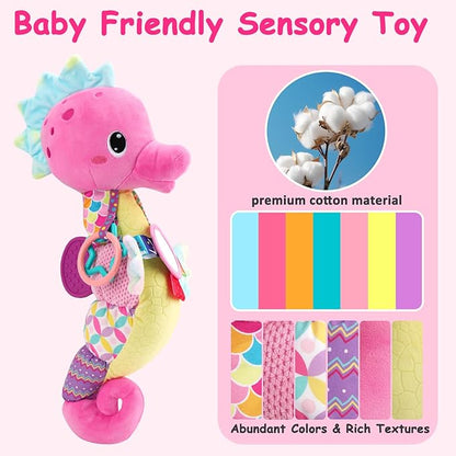 Baby Sensory Toys 0-6 3-6 Months Musical Stuffed Animal Plush Pink Seahorse for Infant 6-12 Month Tummy Time with Baby Mirror Newborn Crinkle Developmental Toy Girls Boys Birthday Gifts 0-3 4 5 Month