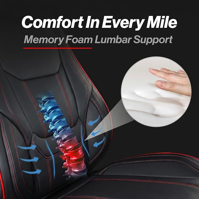 Coverland Custom SUV Car Seat Covers Front Seats for [2025-2026 Chevy Equinox] - Protector Water Resistant Leather Memory Form Back Support Seat Cushion [Front - Black with Red Stitching]