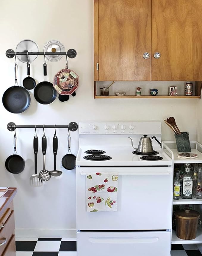 Industrail Pipe Pot Pan Rack, Wall mount Pot hangers Pan Haniging Rail Lid