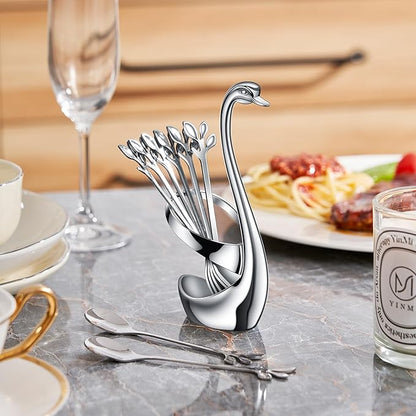 AnSaw Silver Small Coffee Spoon Holder Set, Swan Base